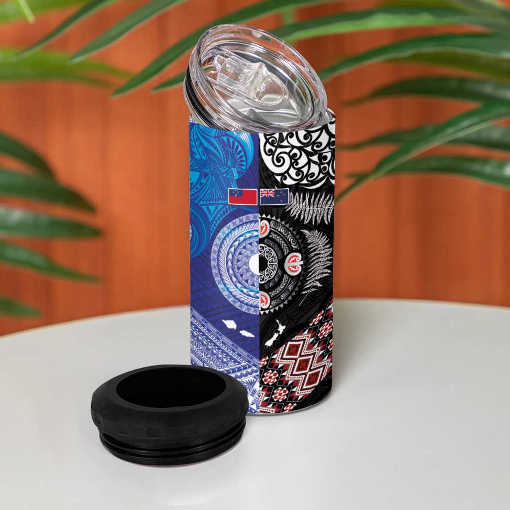 Samoa and Aotearoa Together 4 in 1 Can Cooler Tumbler Tatau Art Tattoos-Taniko and Maori with Fern