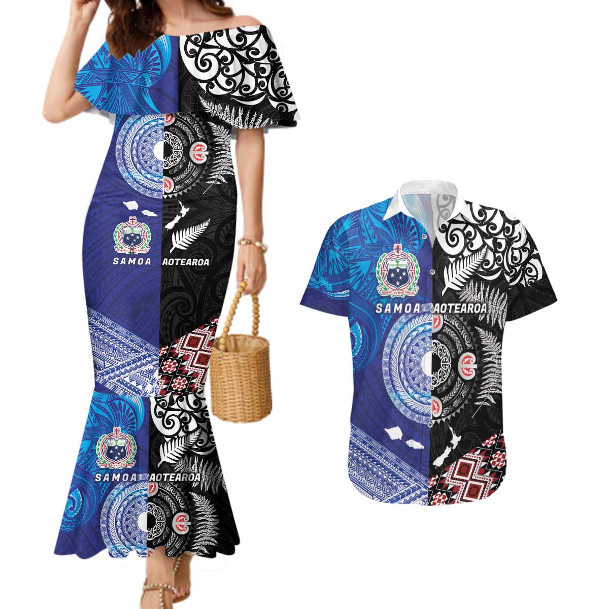 Samoa and Aotearoa Together Couples Matching Mermaid Dress and Hawaiian Shirt Tatau Art Tattoos-Taniko and Maori with Fern