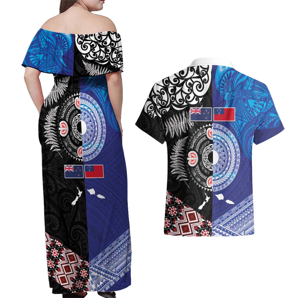 Samoa and Aotearoa Together Couples Matching Off Shoulder Maxi Dress and Hawaiian Shirt Tatau Art Tattoos-Taniko and Maori with Fern
