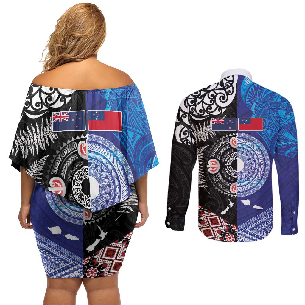 Samoa and Aotearoa Together Couples Matching Off Shoulder Short Dress and Long Sleeve Button Shirt Tatau Art Tattoos-Taniko and Maori with Fern