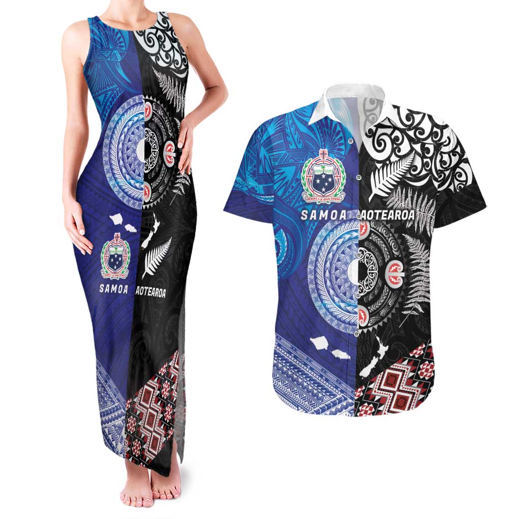 Samoa and Aotearoa Together Couples Matching Tank Maxi Dress and Hawaiian Shirt Tatau Art Tattoos-Taniko and Maori with Fern