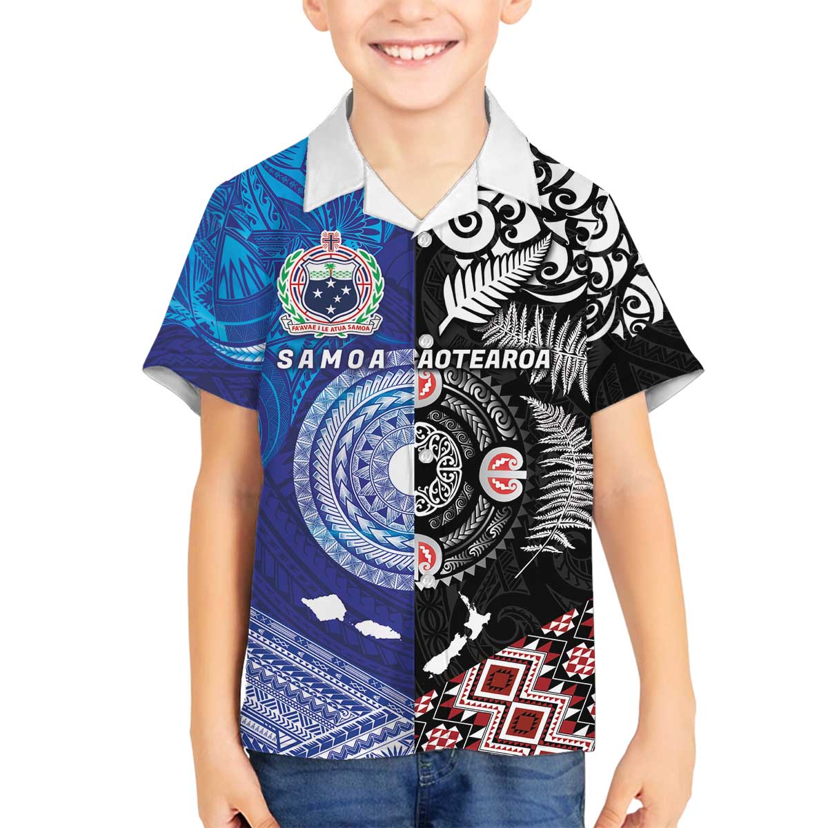 Samoa and Aotearoa Together Family Matching Off The Shoulder Long Sleeve Dress and Hawaiian Shirt Tatau Art Tattoos-Taniko and Maori with Fern