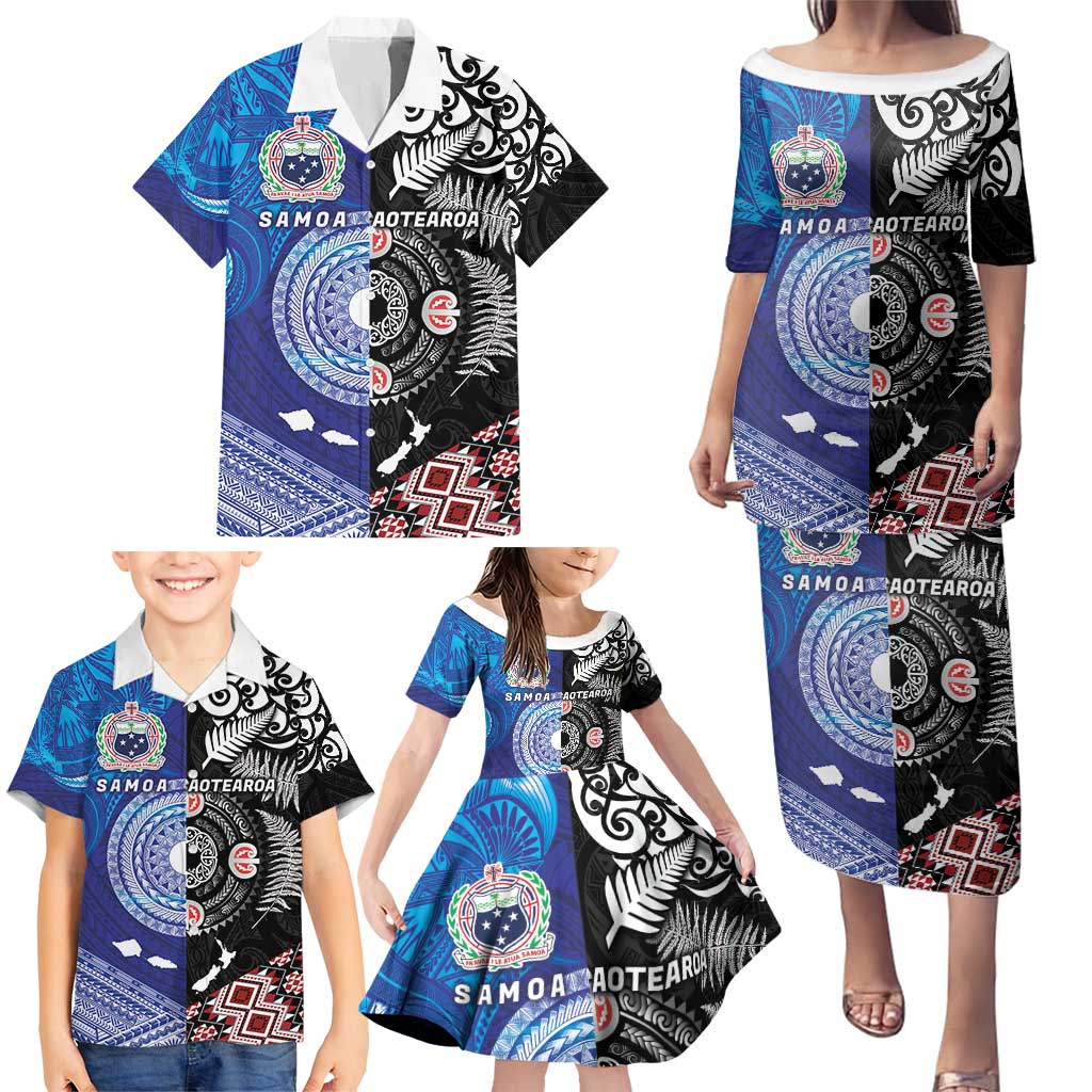 Samoa and Aotearoa Together Family Matching Puletasi and Hawaiian Shirt Tatau Art Tattoos-Taniko and Maori with Fern