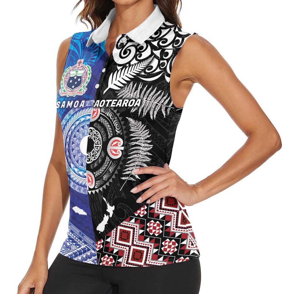 Samoa and Aotearoa Together Women Sleeveless Polo Shirt Tatau Art Tattoos-Taniko and Maori with Fern