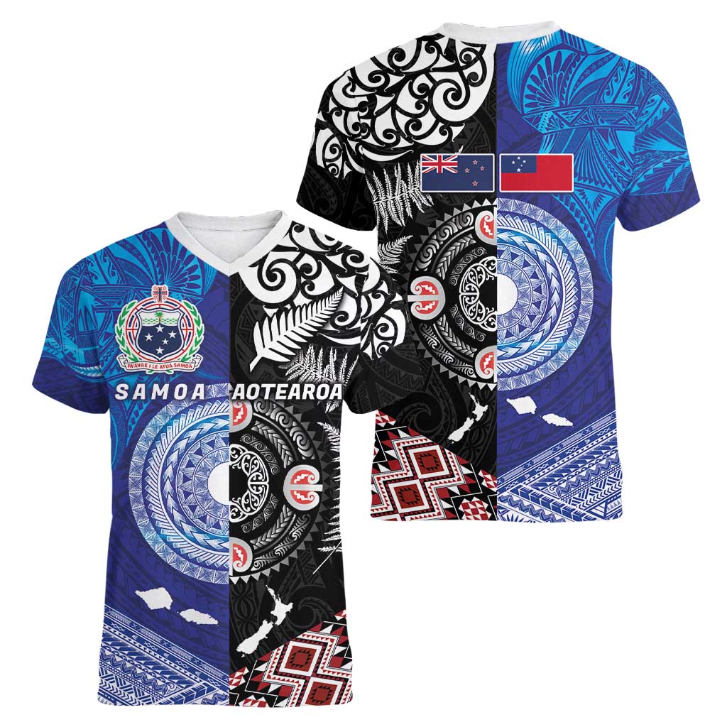 Samoa and Aotearoa Together Women V-Neck T-Shirt Tatau Art Tattoos-Taniko and Maori with Fern