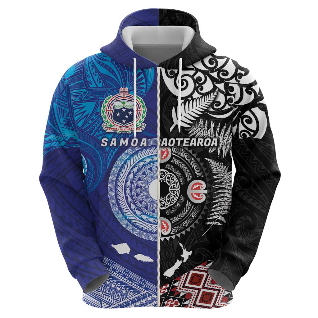 Samoa and Aotearoa Together Zip Hoodie Tatau Art Tattoos-Taniko and Maori with Fern