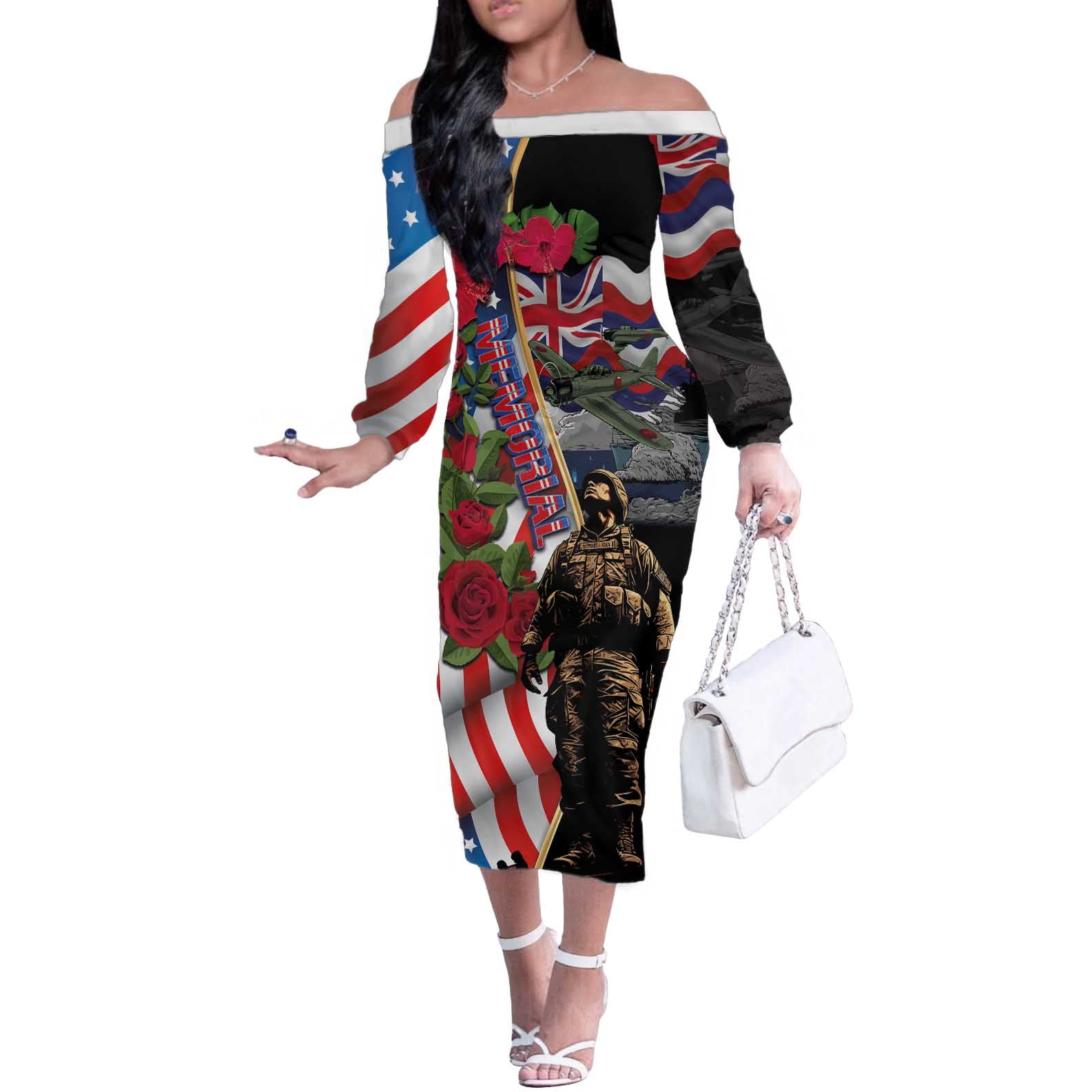 Hawaii and United States Memorial Day Off The Shoulder Long Sleeve Dress Honor and Remember The Fallen