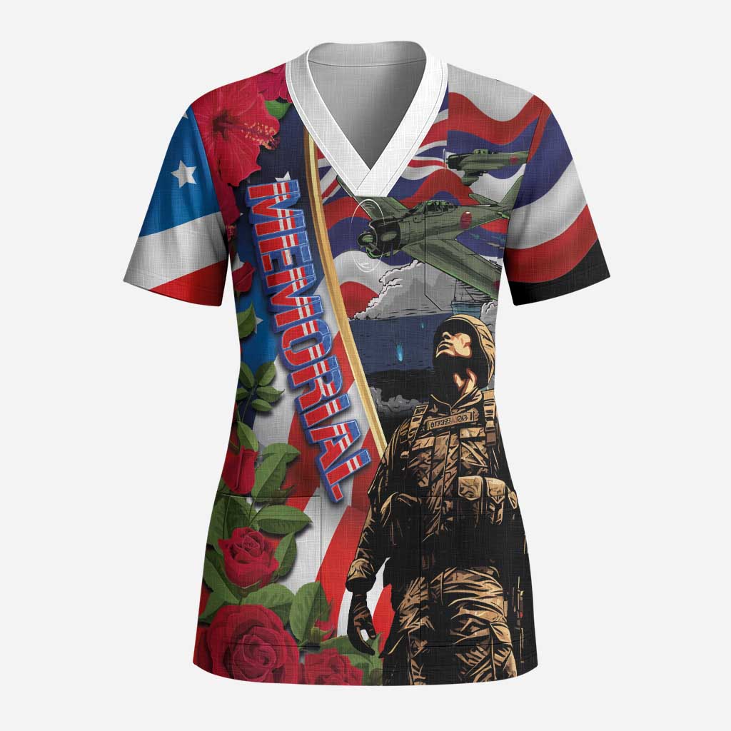 Hawaii and United States Memorial Day Scrub Top Honor and Remember The Fallen LT03 Adult Blue - Polynesian Pride