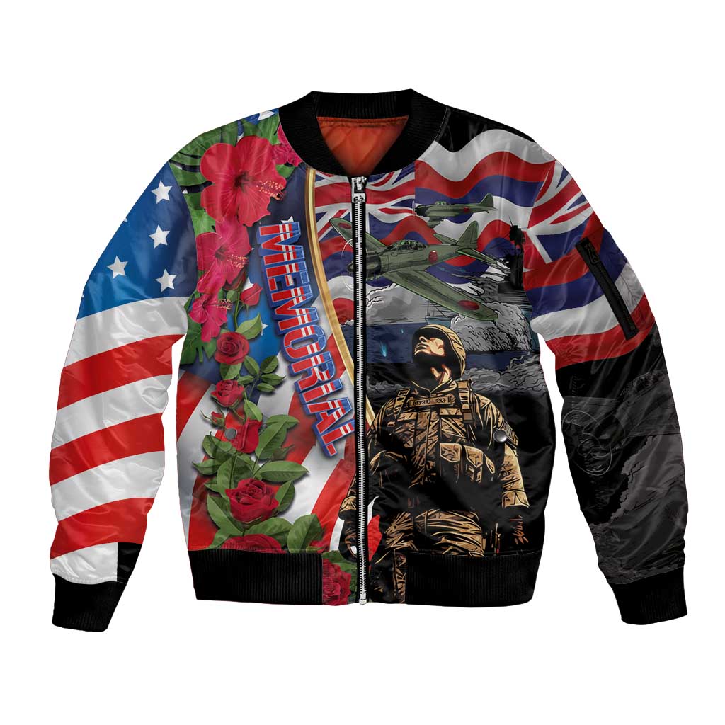 Hawaii and United States Memorial Day Sleeve Zip Bomber Jacket Honor and Remember The Fallen LT03 Unisex Blue - Polynesian Pride