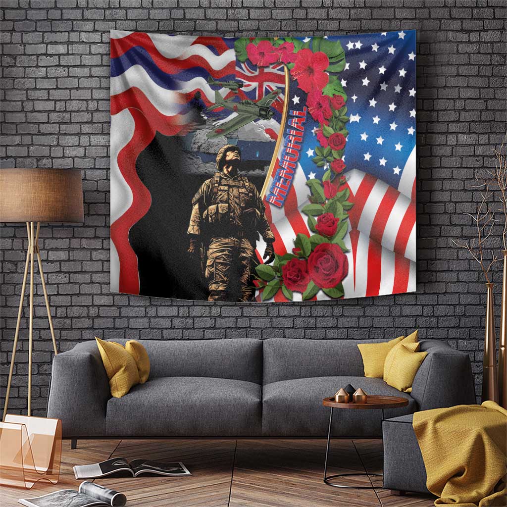 Hawaii and United States Memorial Day Tapestry Honor and Remember The Fallen LT03 Blue - Polynesian Pride