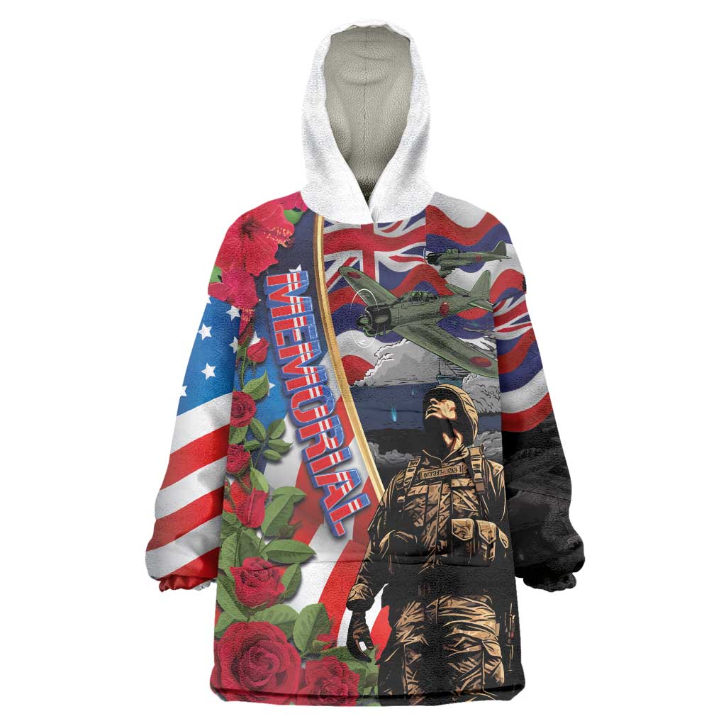 Hawaii and United States Memorial Day Wearable Blanket Hoodie Honor and Remember The Fallen