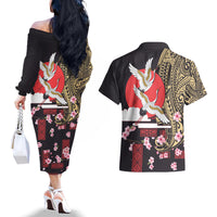 Japanese Culture and Hawaiian Tribal Couples Matching Off The Shoulder Long Sleeve Dress and Hawaiian Shirt Sakura Blossom Tapa Pattern