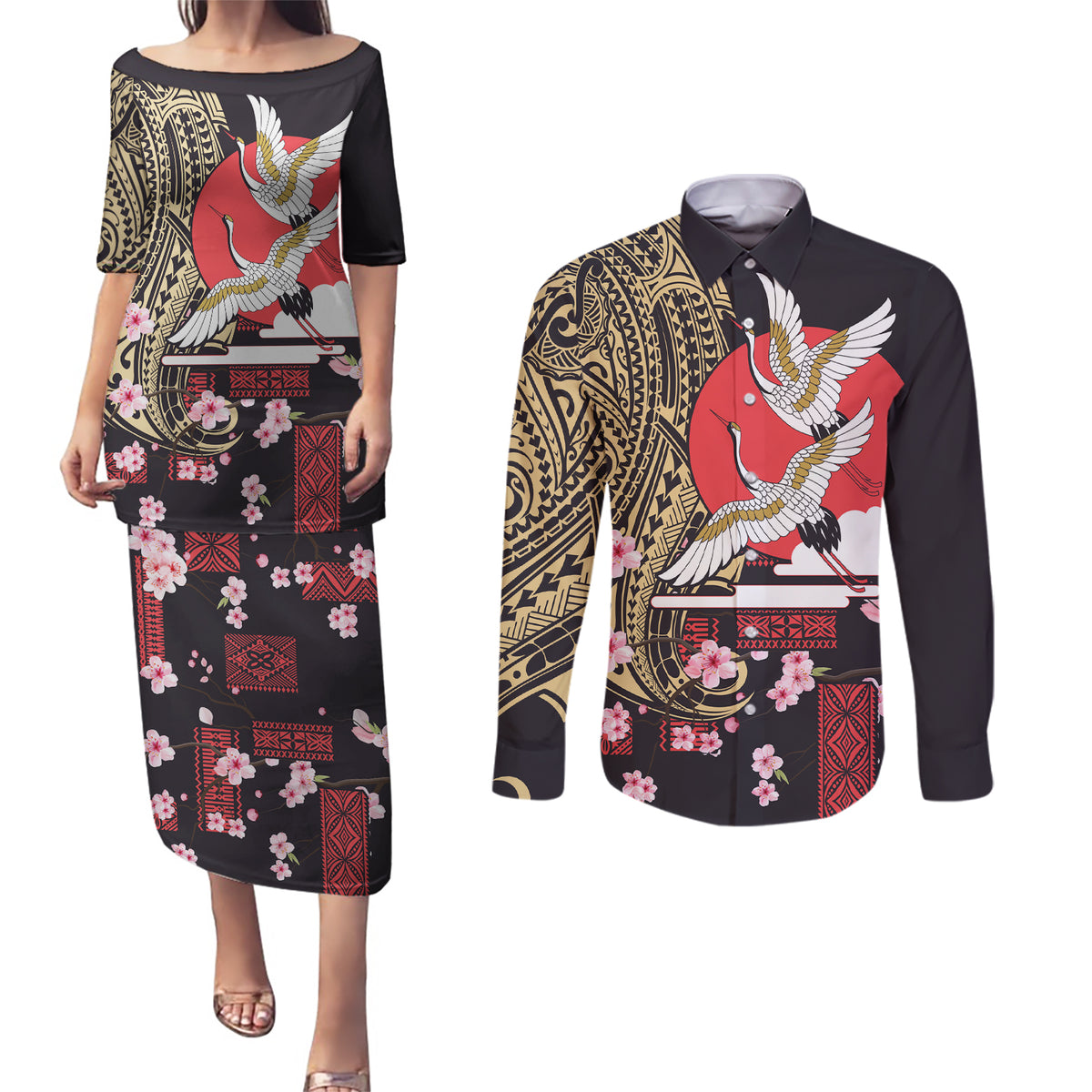 Japanese Culture and Hawaiian Tribal Couples Matching Puletasi and Long Sleeve Button Shirt Sakura Blossom Tapa Pattern