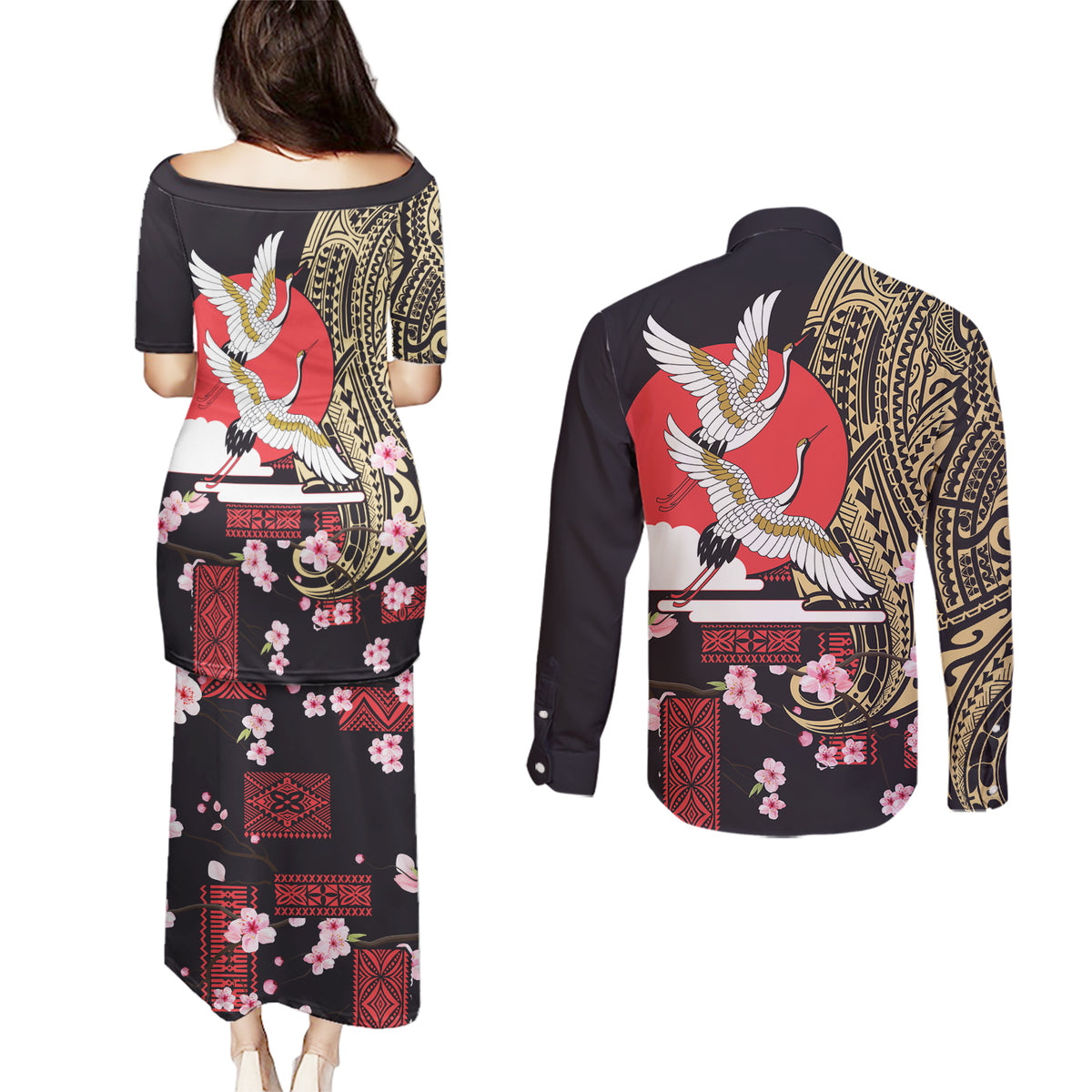Japanese Culture and Hawaiian Tribal Couples Matching Puletasi and Long Sleeve Button Shirt Sakura Blossom Tapa Pattern