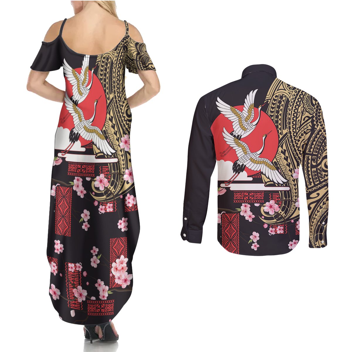 Japanese Culture and Hawaiian Tribal Couples Matching Summer Maxi Dress and Long Sleeve Button Shirt Sakura Blossom Tapa Pattern