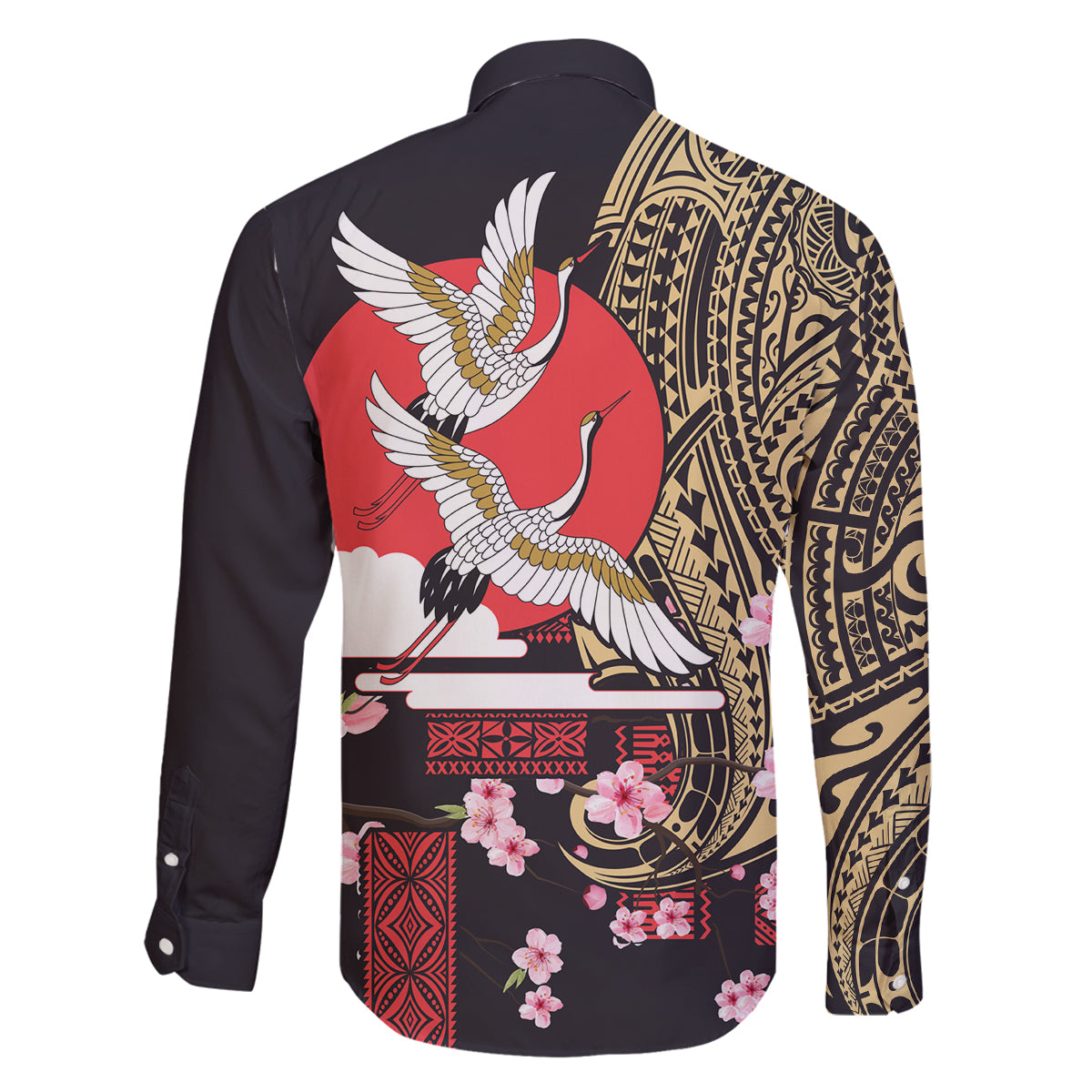 Japanese Culture and Hawaiian Tribal Family Matching Off The Shoulder Long Sleeve Dress and Hawaiian Shirt Sakura Blossom Tapa Pattern