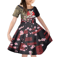 Japanese Culture and Hawaiian Tribal Family Matching Puletasi and Hawaiian Shirt Sakura Blossom Tapa Pattern LT03 Daughter's Dress Black - Polynesian Pride