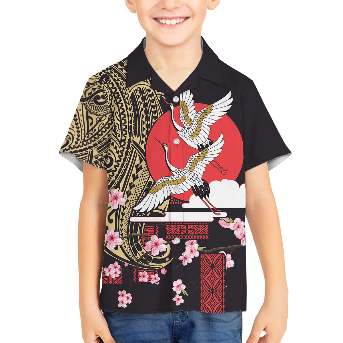 Japanese Culture and Hawaiian Tribal Family Matching Puletasi and Hawaiian Shirt Sakura Blossom Tapa Pattern LT03 Son's Shirt Black - Polynesian Pride