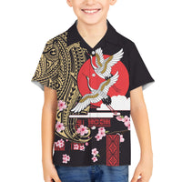 Japanese Culture and Hawaiian Tribal Family Matching Puletasi and Hawaiian Shirt Sakura Blossom Tapa Pattern LT03 Son's Shirt Black - Polynesian Pride