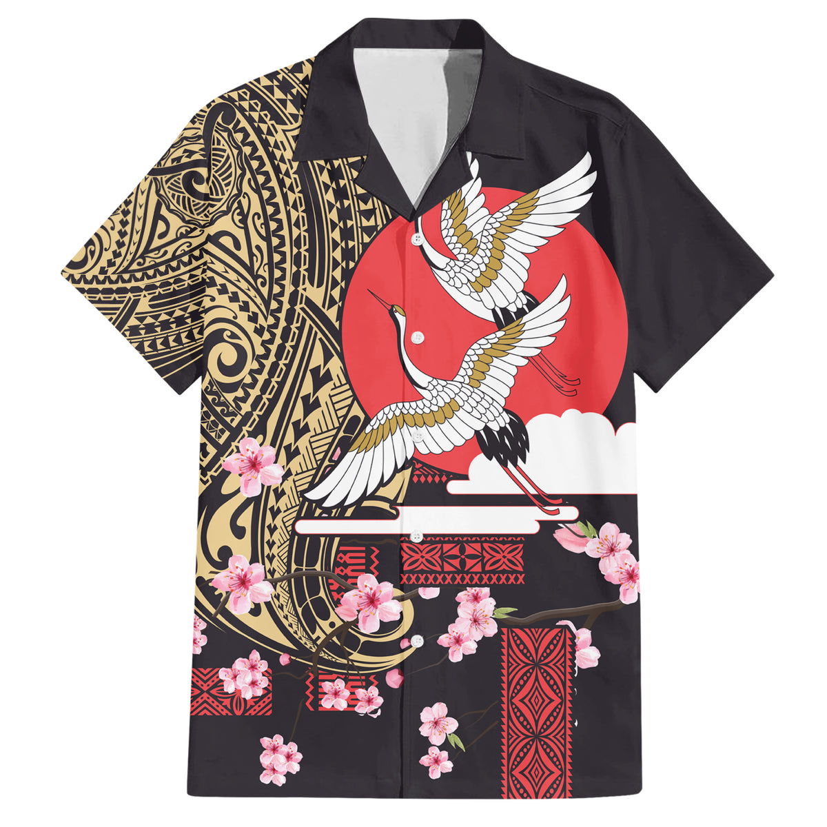 Japanese Culture and Hawaiian Tribal Family Matching Short Sleeve Bodycon Dress and Hawaiian Shirt Sakura Blossom Tapa Pattern