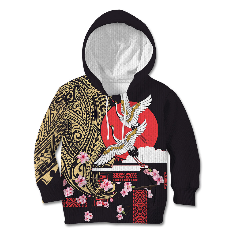 Japanese Culture and Hawaiian Tribal Kid Hoodie Sakura Blossom Tapa Pattern LT03 Hoodie Black - Polynesian Pride