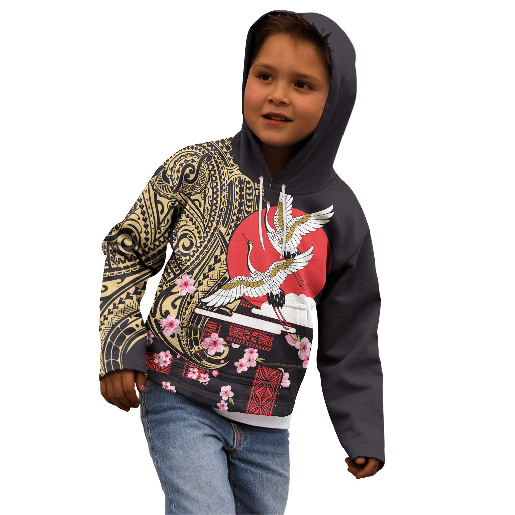 Japanese Culture and Hawaiian Tribal Kid Hoodie Sakura Blossom Tapa Pattern