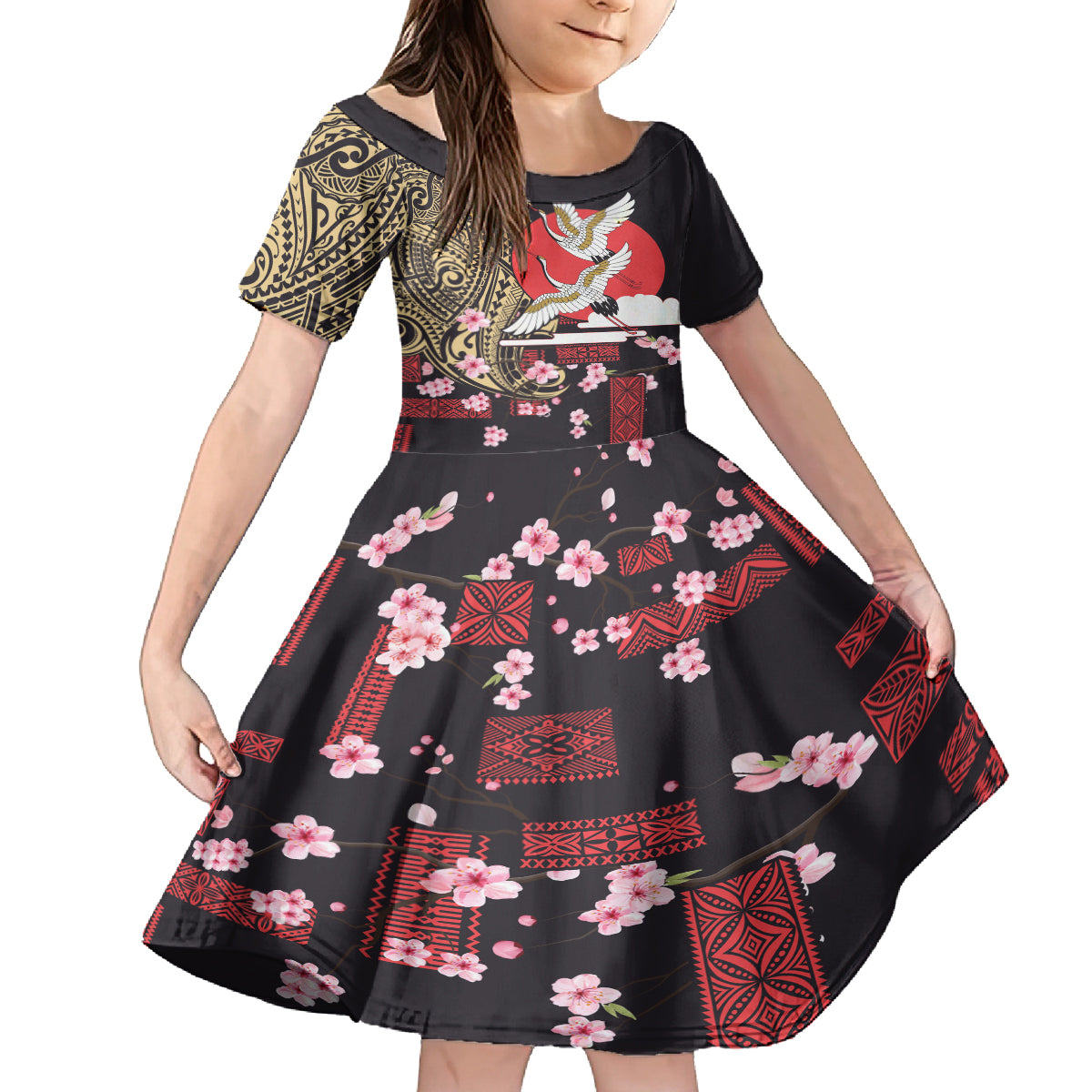 Japanese Culture and Hawaiian Tribal Kid Short Sleeve Dress Sakura Blossom Tapa Pattern
