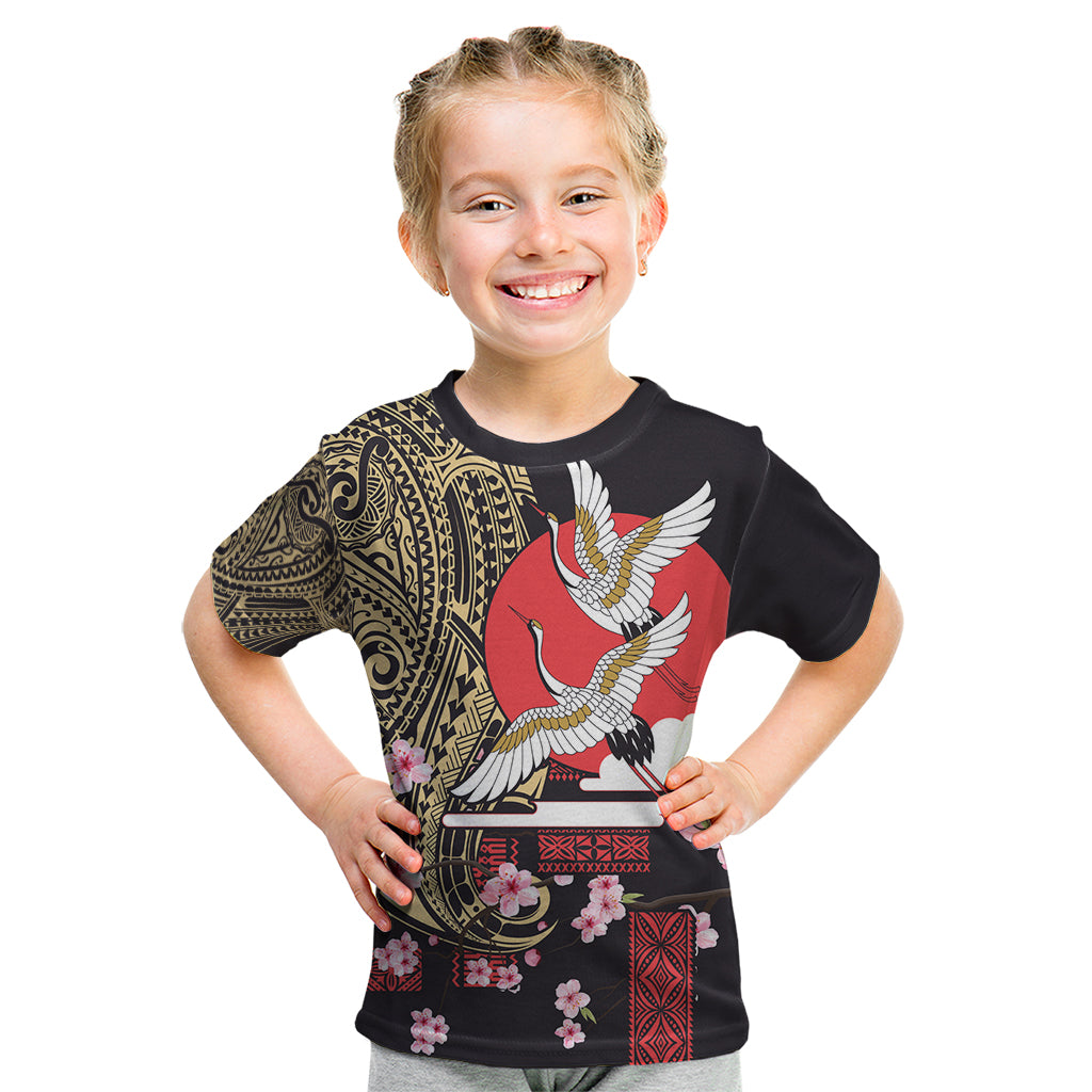 Japanese Culture and Hawaiian Tribal Kid T Shirt Sakura Blossom Tapa Pattern LT03 Black - Polynesian Pride