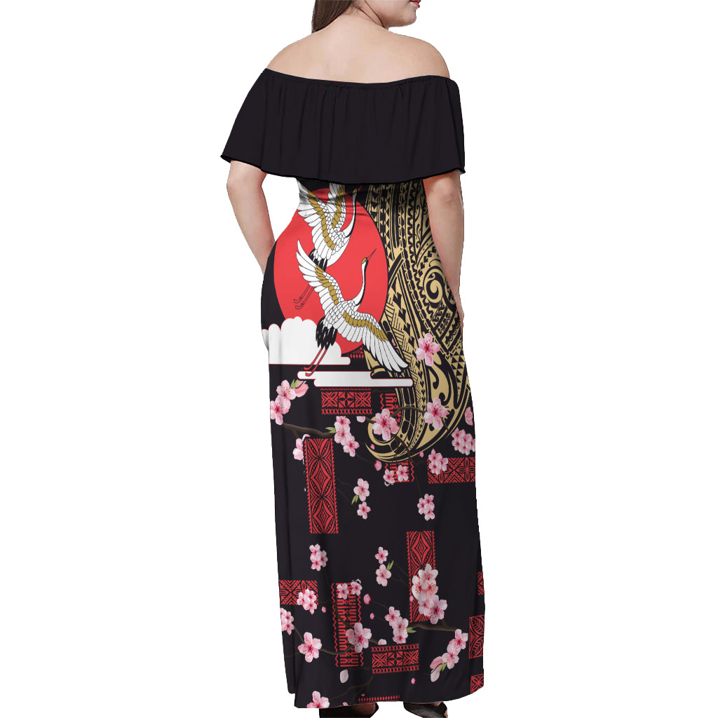 Japanese Culture and Hawaiian Tribal Off Shoulder Maxi Dress Sakura Blossom Tapa Pattern
