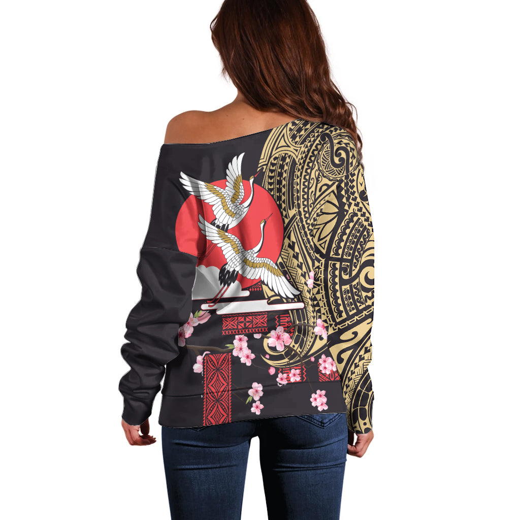Japanese Culture and Hawaiian Tribal Off Shoulder Sweater Sakura Blossom Tapa Pattern