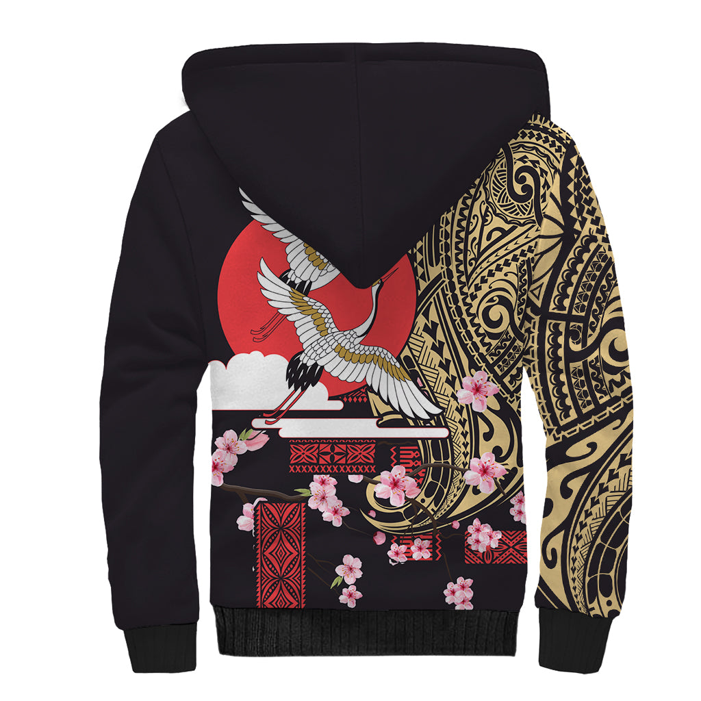 Japanese Culture and Hawaiian Tribal Sherpa Hoodie Sakura Blossom Tapa Pattern