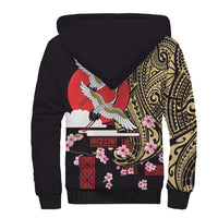 Japanese Culture and Hawaiian Tribal Sherpa Hoodie Sakura Blossom Tapa Pattern