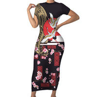Japanese Culture and Hawaiian Tribal Short Sleeve Bodycon Dress Sakura Blossom Tapa Pattern