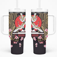 Japanese Culture and Hawaiian Tribal Tumbler With Handle Sakura Blossom Tapa Pattern