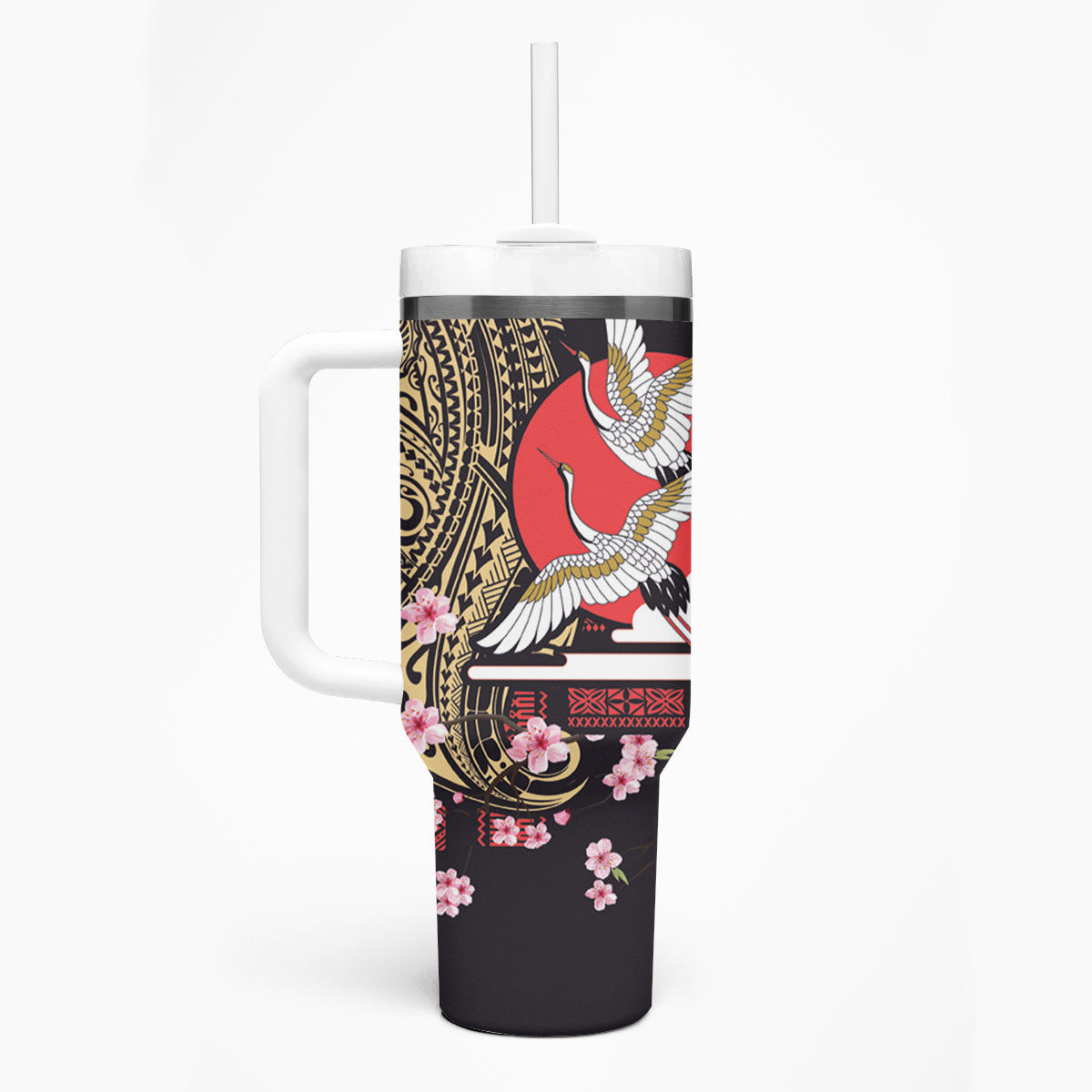 Japanese Culture and Hawaiian Tribal Tumbler With Handle Sakura Blossom Tapa Pattern