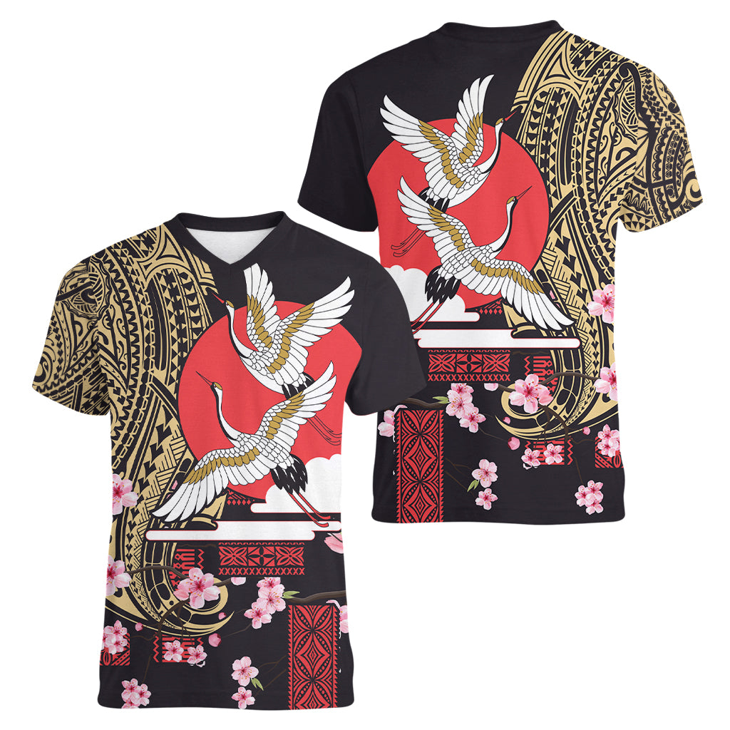 Japanese Culture and Hawaiian Tribal Women V-Neck T-Shirt Sakura Blossom Tapa Pattern