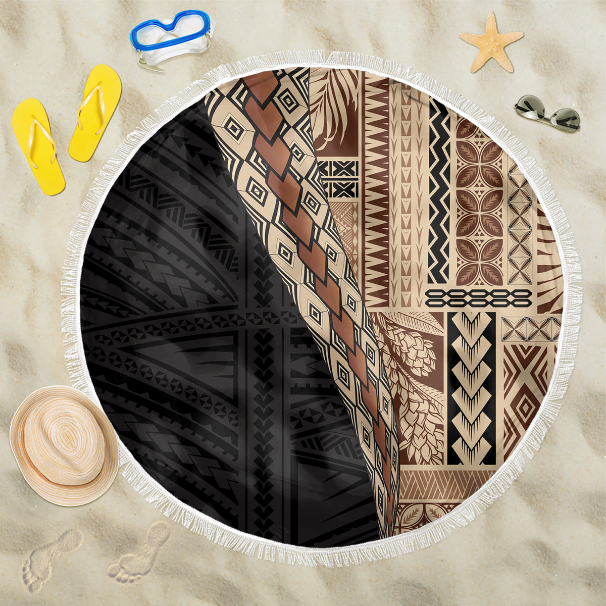 Samoa Siapo Motif Half Style Beach Blanket Brown Version LT03 One Size 150cm Brown - Polynesian Pride