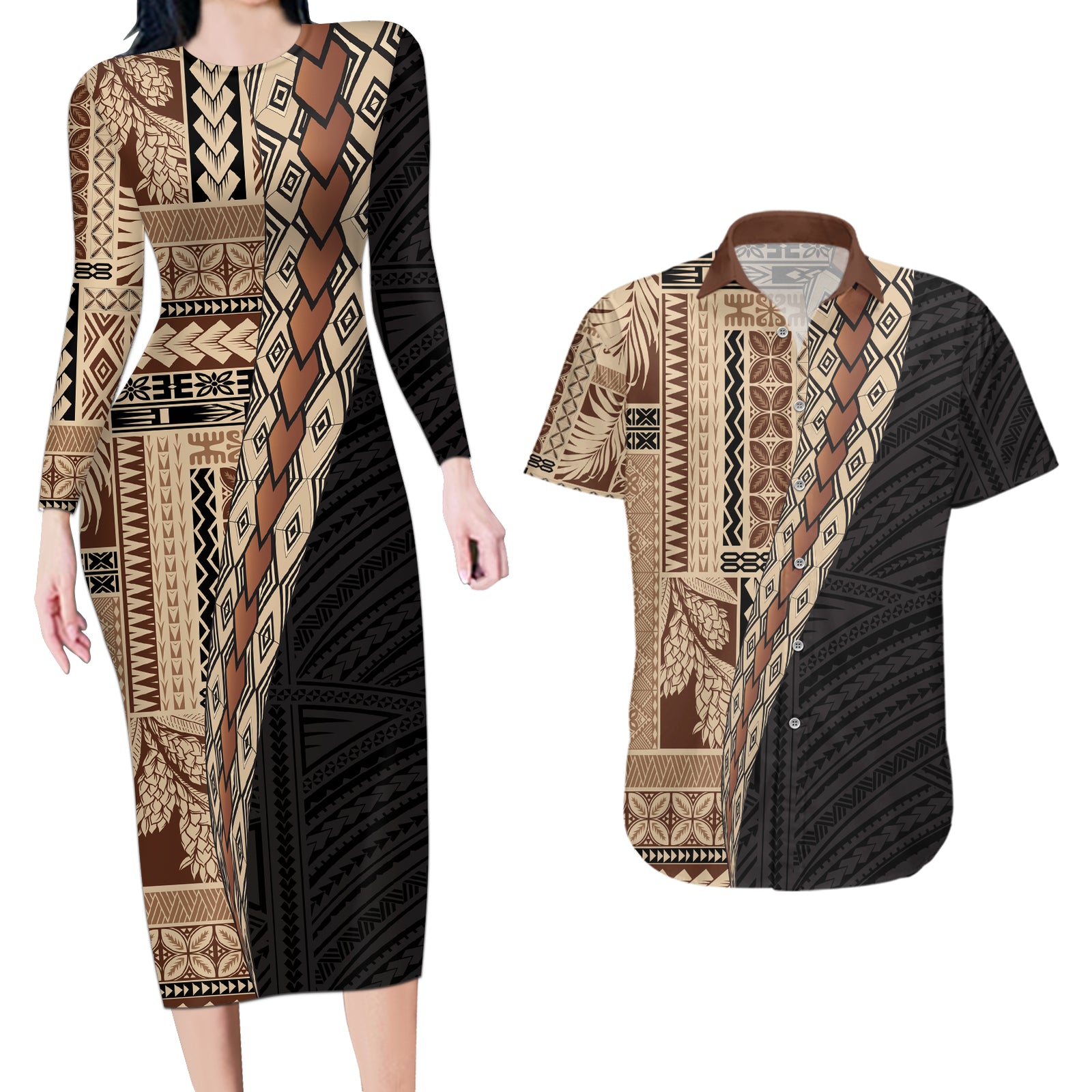 Samoa Siapo Motif Half Style Couples Matching Long Sleeve Bodycon Dress and Hawaiian Shirt Brown Version LT03 Brown - Polynesian Pride