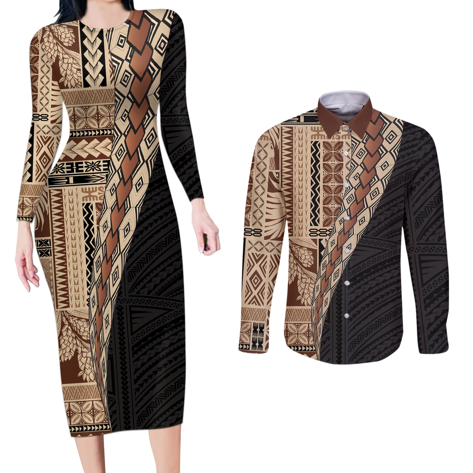 Samoa Siapo Motif Half Style Couples Matching Long Sleeve Bodycon Dress and Long Sleeve Button Shirt Brown Version LT03 Brown - Polynesian Pride