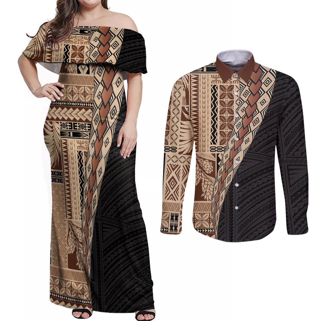 Samoa Siapo Motif Half Style Couples Matching Off Shoulder Maxi Dress and Long Sleeve Button Shirt Brown Version LT03 Brown - Polynesian Pride