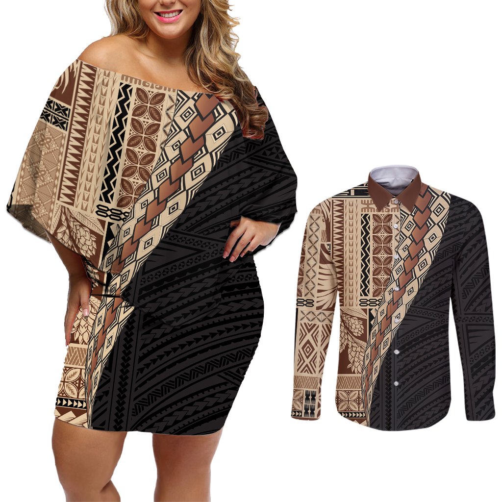 Samoa Siapo Motif Half Style Couples Matching Off Shoulder Short Dress and Long Sleeve Button Shirt Brown Version LT03 Brown - Polynesian Pride