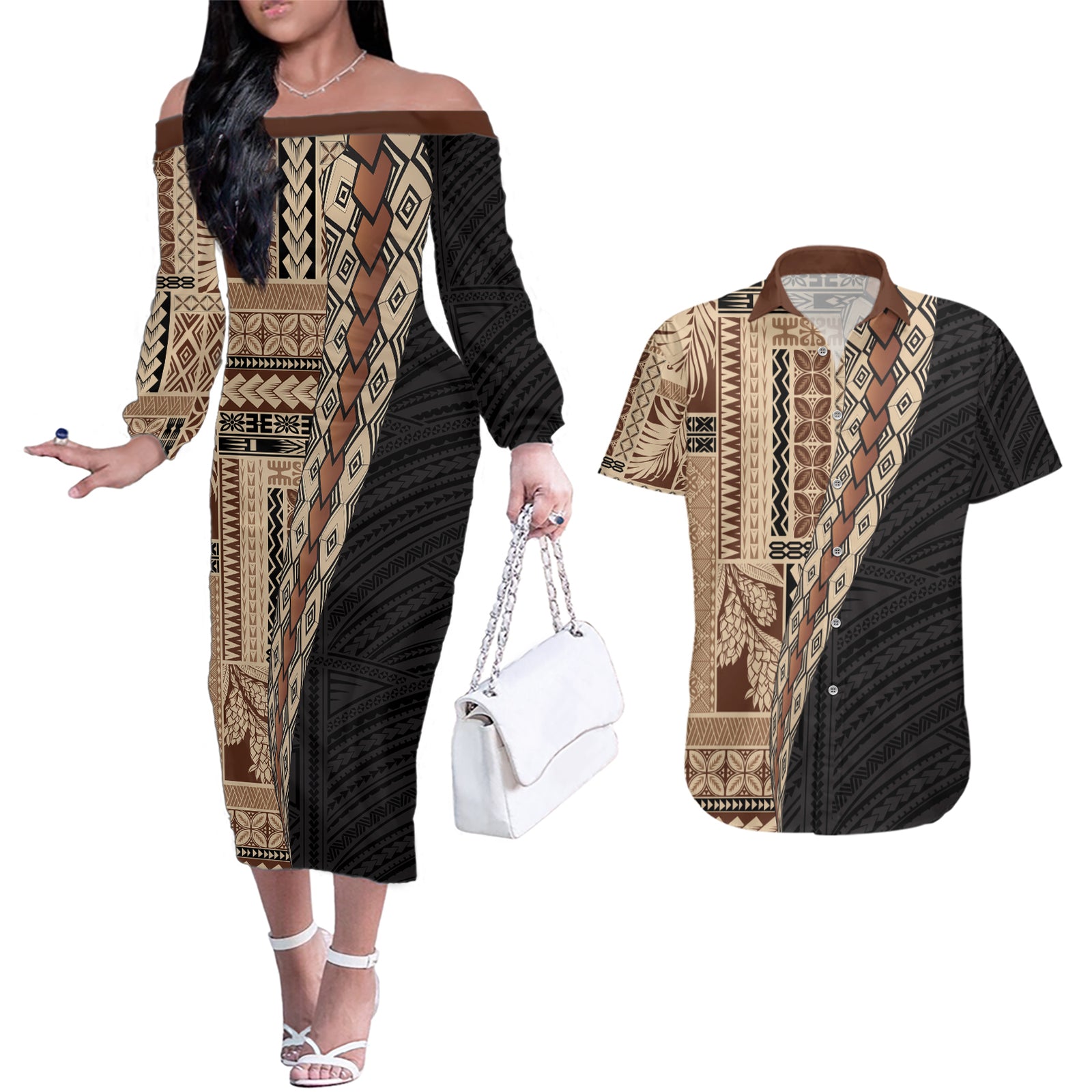 Samoa Siapo Motif Half Style Couples Matching Off The Shoulder Long Sleeve Dress and Hawaiian Shirt Brown Version LT03 Brown - Polynesian Pride