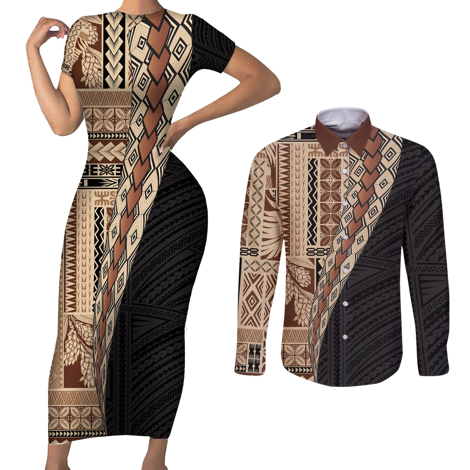 Samoa Siapo Motif Half Style Couples Matching Short Sleeve Bodycon Dress and Long Sleeve Button Shirt Brown Version LT03 Brown - Polynesian Pride