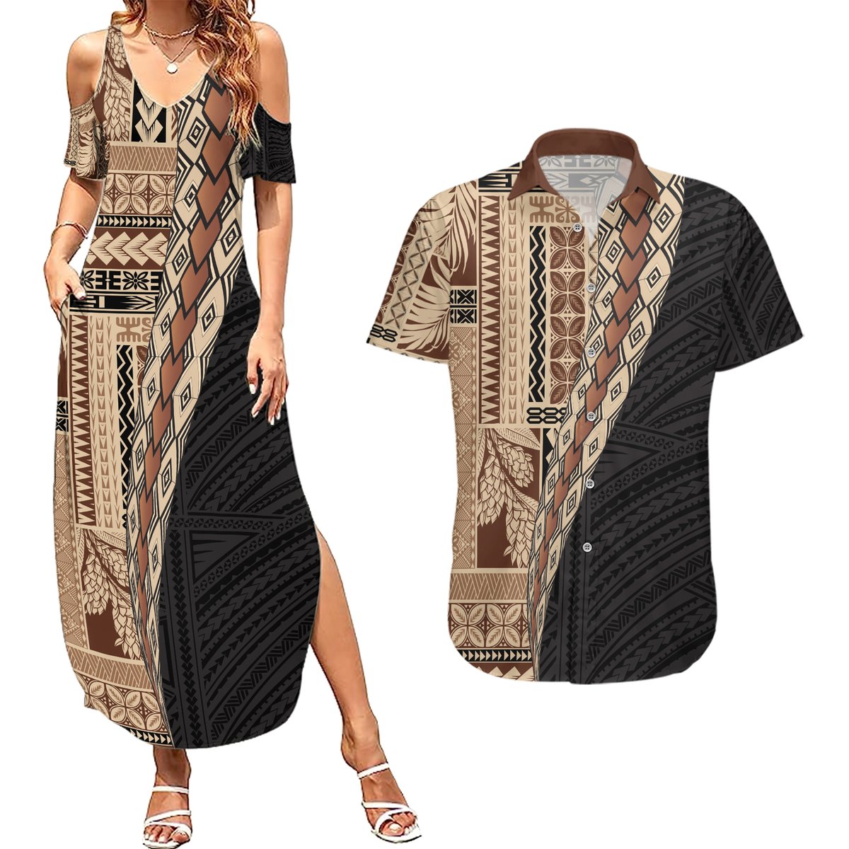 Samoa Siapo Motif Half Style Couples Matching Summer Maxi Dress and Hawaiian Shirt Brown Version LT03 Brown - Polynesian Pride