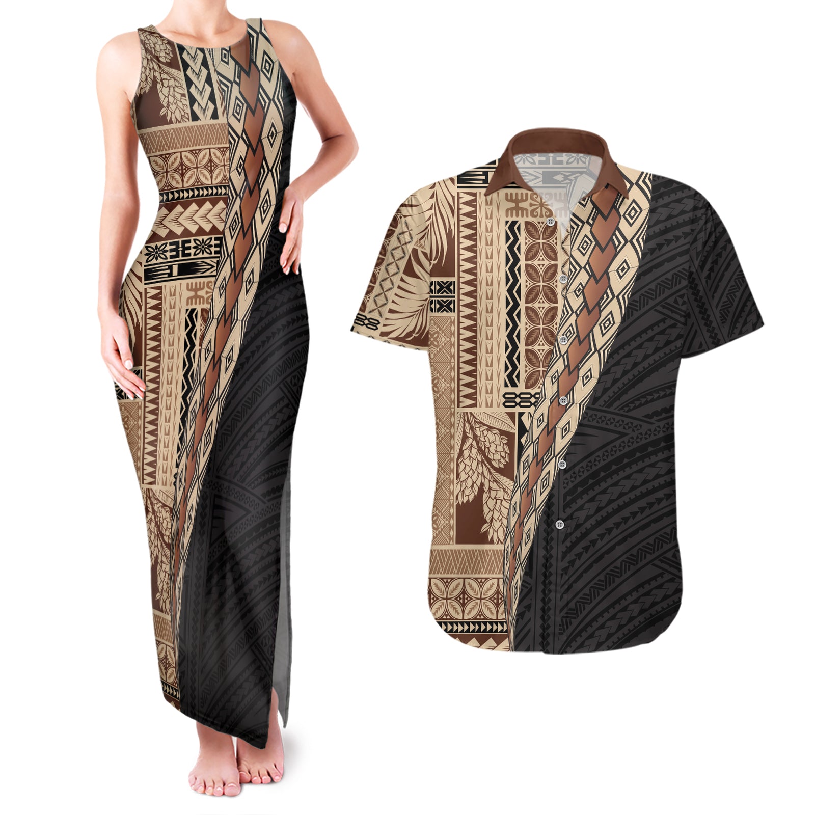 Samoa Siapo Motif Half Style Couples Matching Tank Maxi Dress and Hawaiian Shirt Brown Version LT03 Brown - Polynesian Pride
