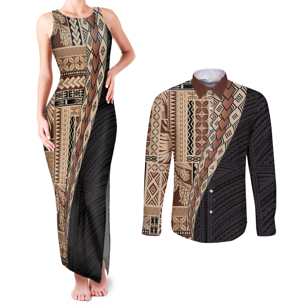 Samoa Siapo Motif Half Style Couples Matching Tank Maxi Dress and Long Sleeve Button Shirt Brown Version LT03 Brown - Polynesian Pride