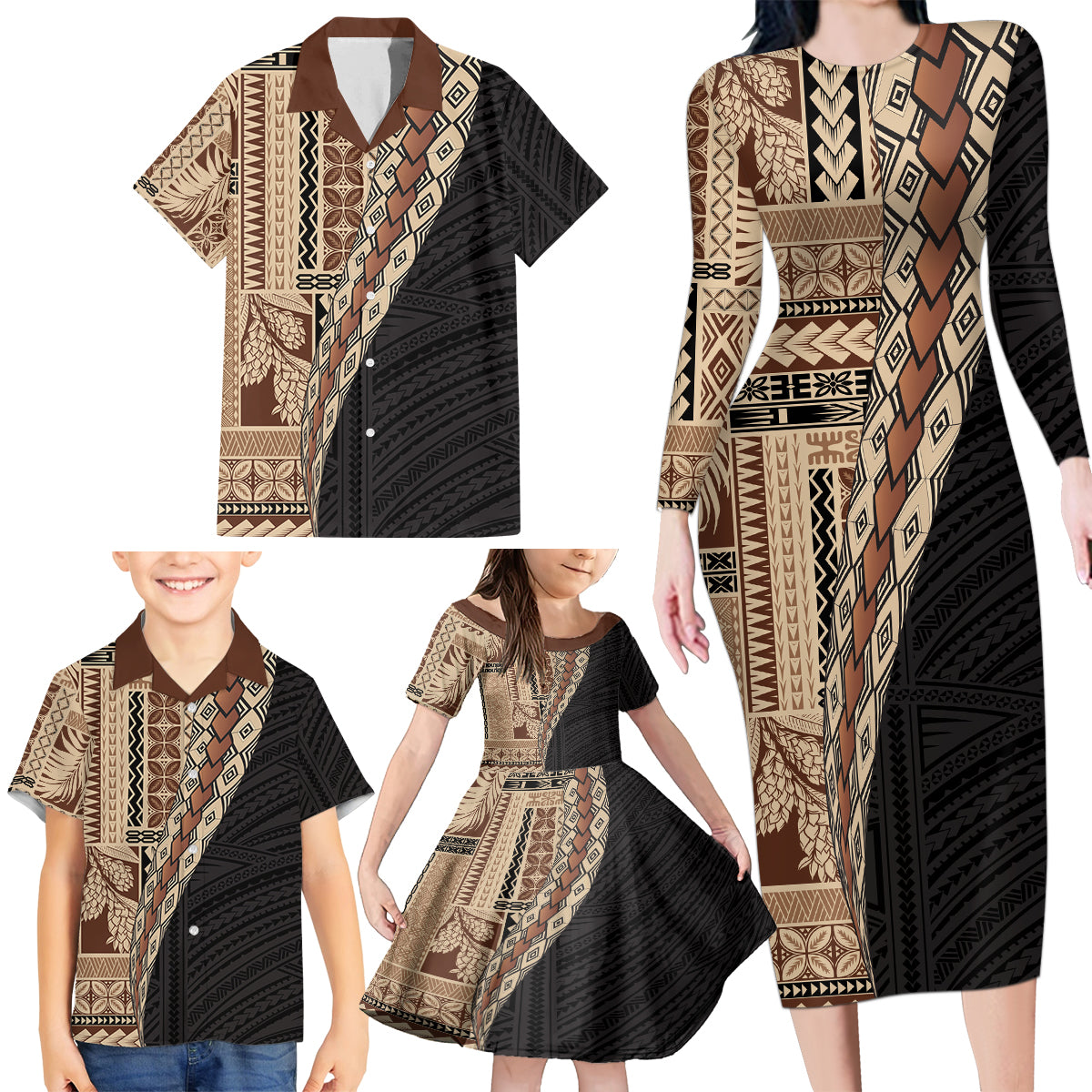 Samoa Siapo Motif Half Style Family Matching Long Sleeve Bodycon Dress and Hawaiian Shirt Brown Version LT03 - Polynesian Pride