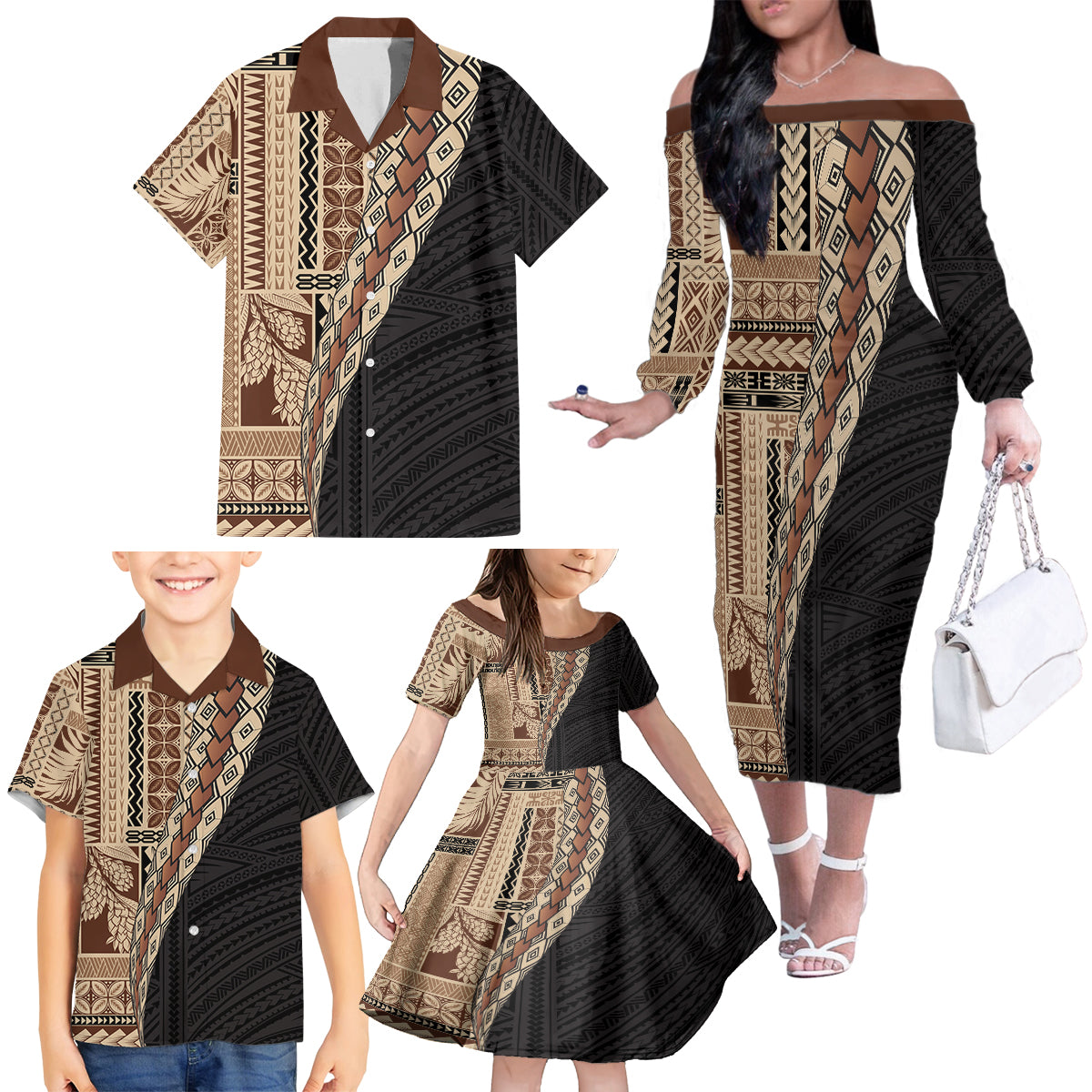Samoa Siapo Motif Half Style Family Matching Off The Shoulder Long Sleeve Dress and Hawaiian Shirt Brown Version LT03 - Polynesian Pride