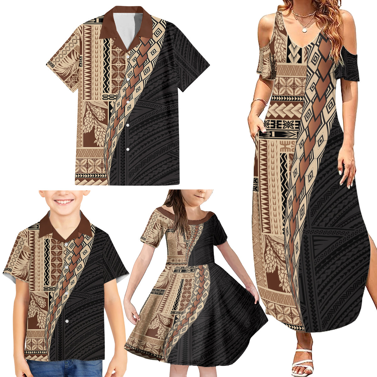 Samoa Siapo Motif Half Style Family Matching Summer Maxi Dress and Hawaiian Shirt Brown Version LT03 - Polynesian Pride