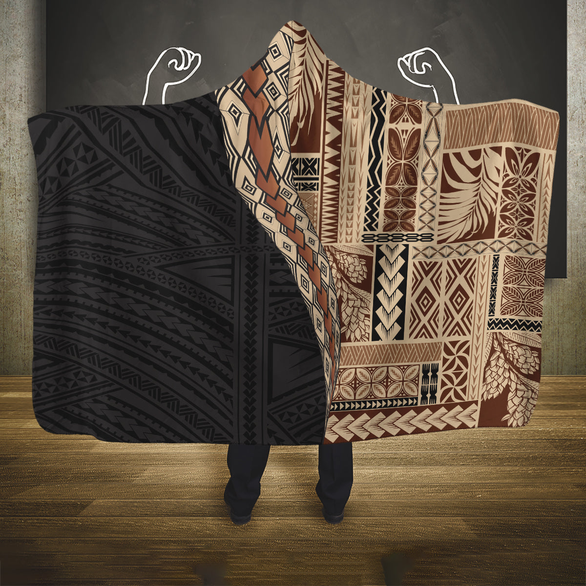 Samoa Siapo Motif Half Style Hooded Blanket Brown Version LT03 One Size Brown - Polynesian Pride